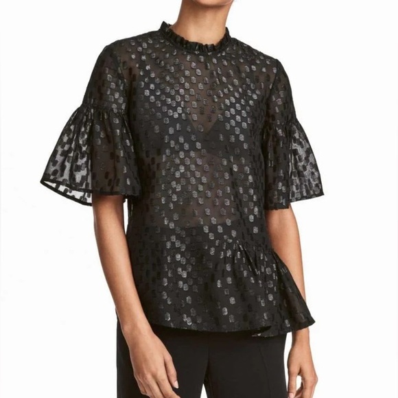 H&M Tops - H&M | Black Shimmer Dot Sheer Ruffle Mock Neck Short Sleeve Blouse Size 14